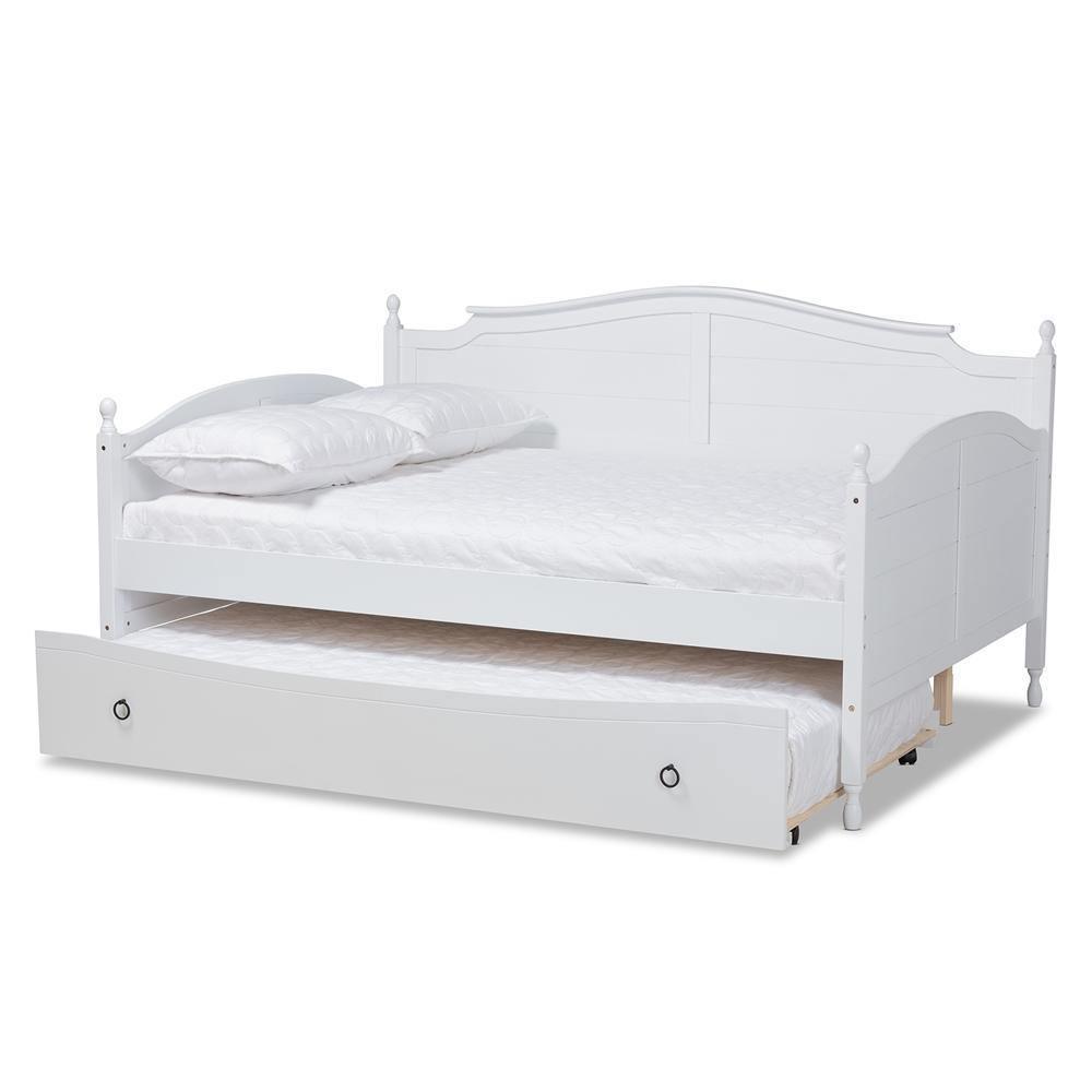 Mara Cottage Farmhouse White Finished Wood Full Size Daybed with Roll-out Trundle Bed FredCo