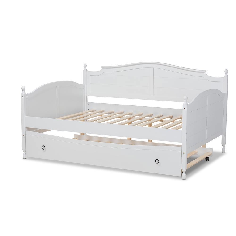 Mara Cottage Farmhouse White Finished Wood Full Size Daybed with Roll-out Trundle Bed FredCo