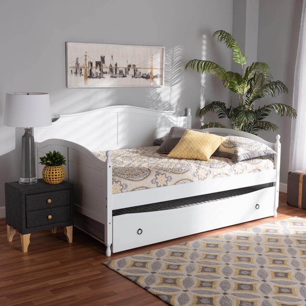 Mara Cottage Farmhouse White Finished Wood Full Size Daybed with Roll-out Trundle Bed FredCo