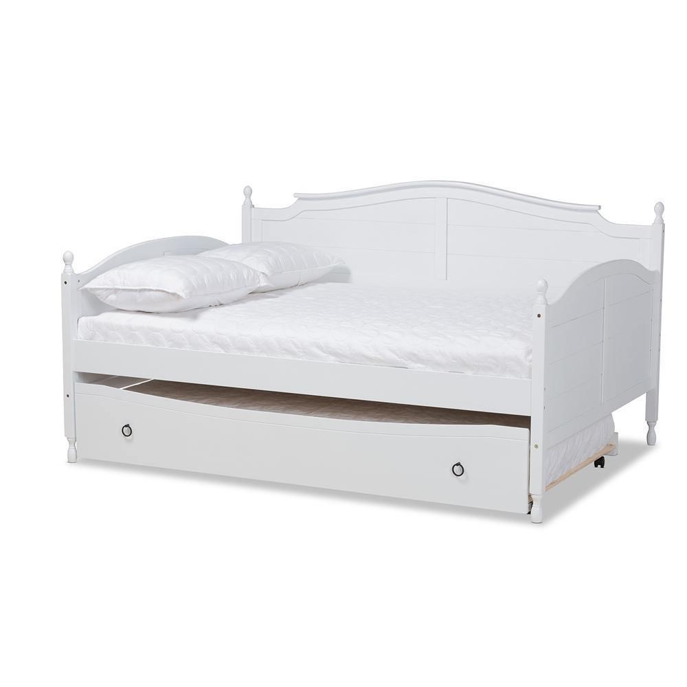 Mara Cottage Farmhouse White Finished Wood Full Size Daybed with Roll-out Trundle Bed FredCo