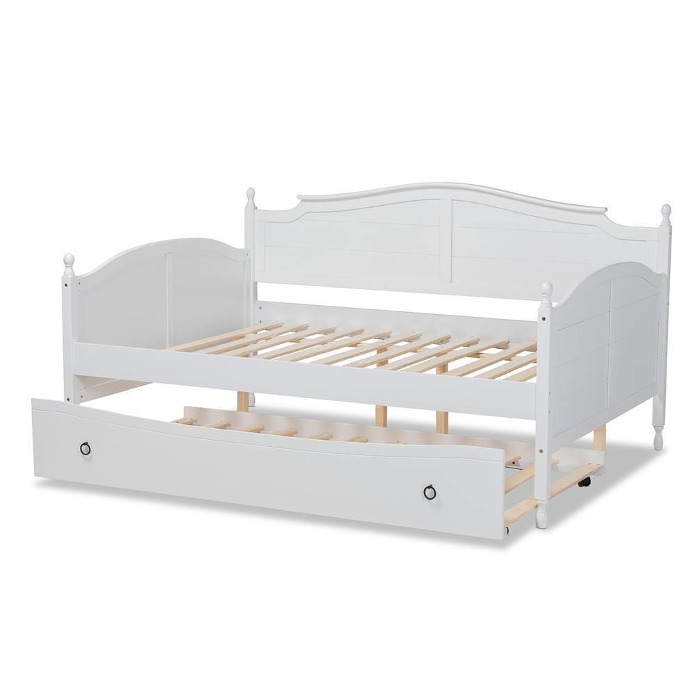 Mara Cottage Farmhouse White Finished Wood Full Size Daybed with Roll-out Trundle Bed FredCo