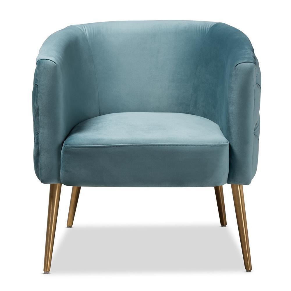 Marcelle Glam and Luxe Light Blue Velvet Fabric Upholstered Brushed Gold Finished Accent Chair FredCo