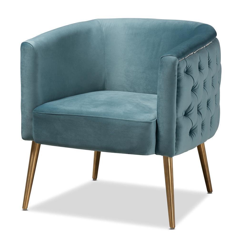 Marcelle Glam and Luxe Light Blue Velvet Fabric Upholstered Brushed Gold Finished Accent Chair FredCo