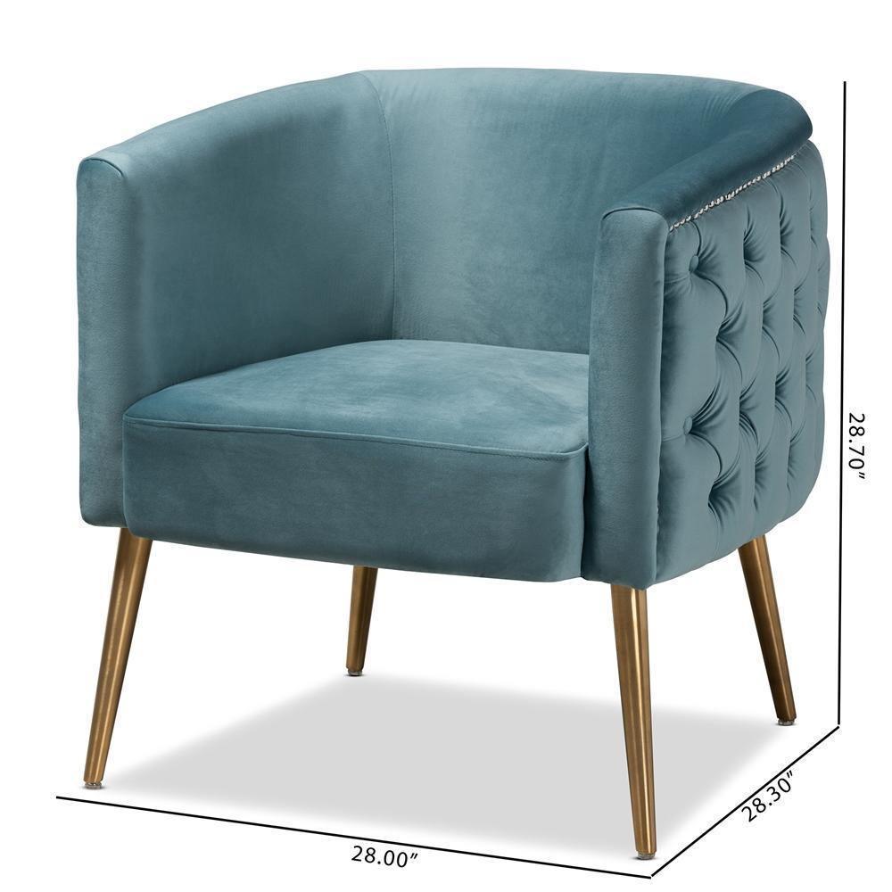 Marcelle Glam and Luxe Light Blue Velvet Fabric Upholstered Brushed Gold Finished Accent Chair FredCo