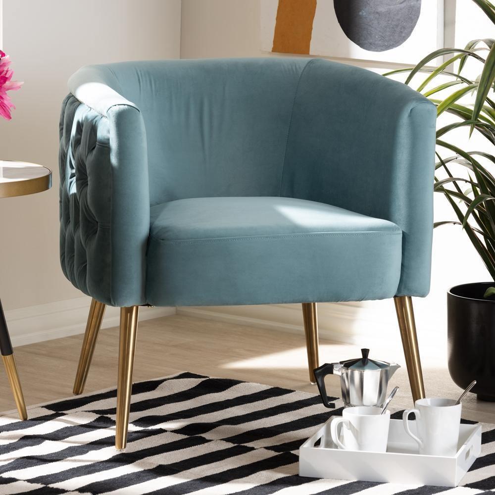 Marcelle Glam and Luxe Light Blue Velvet Fabric Upholstered Brushed Gold Finished Accent Chair FredCo