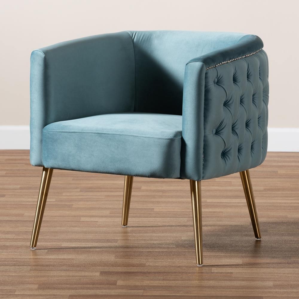 Marcelle Glam and Luxe Light Blue Velvet Fabric Upholstered Brushed Gold Finished Accent Chair FredCo
