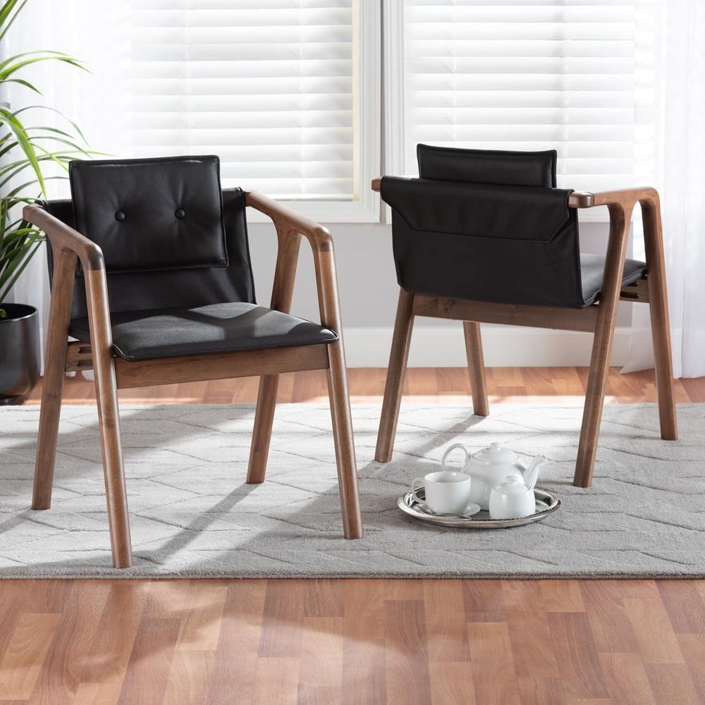 Marcena Mid-Century Modern Black Imitation Leather Upholstered and Walnut Brown Finished Wood 2-Piece Dining Chair Set FredCo