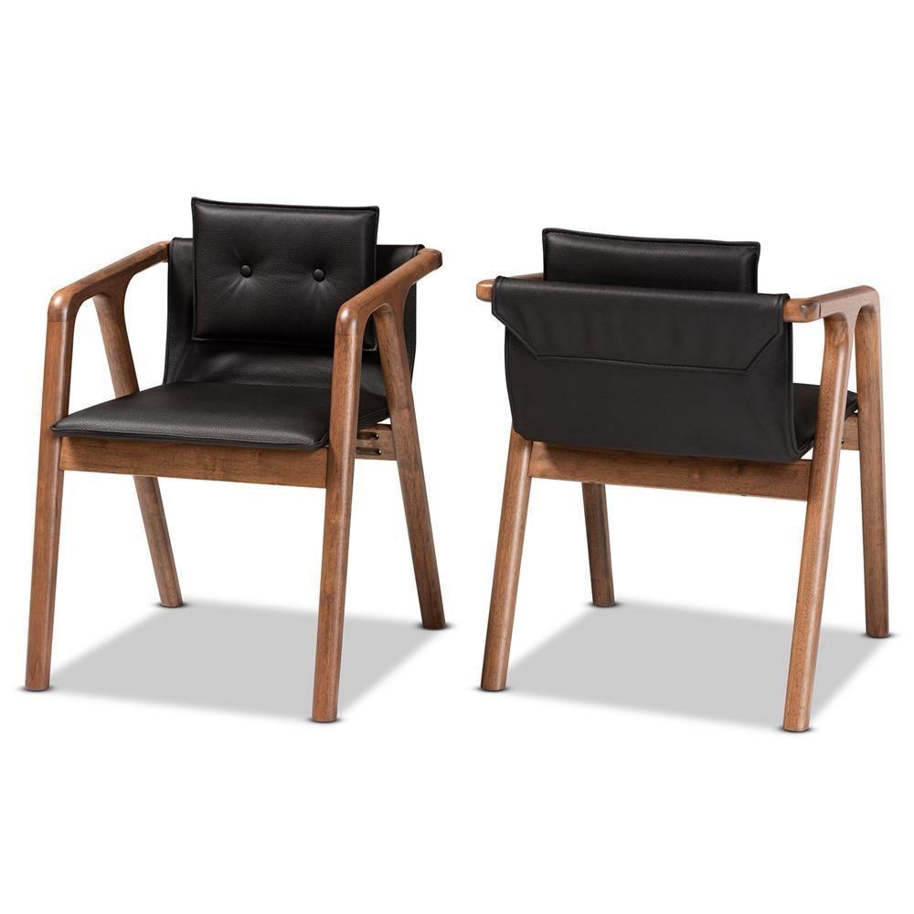 Marcena Mid-Century Modern Black Imitation Leather Upholstered and Walnut Brown Finished Wood 2-Piece Dining Chair Set FredCo