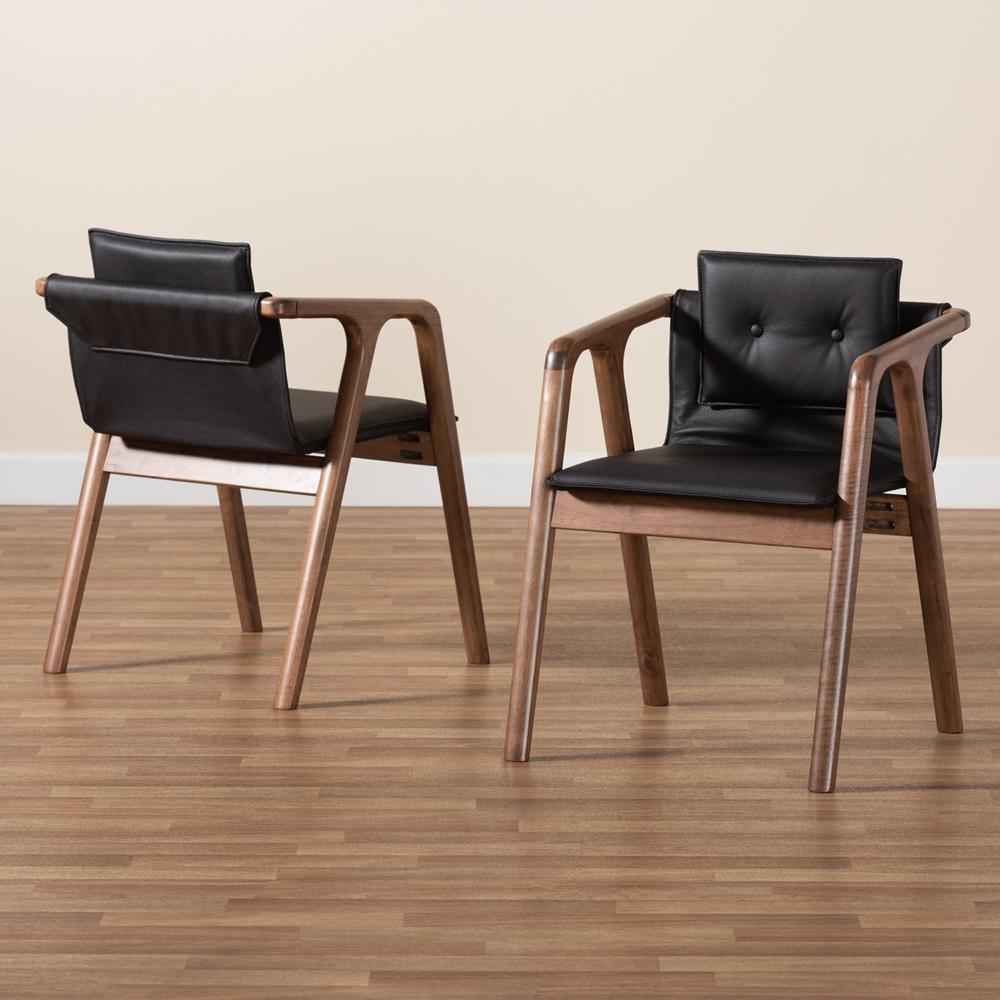 Marcena Mid-Century Modern Black Imitation Leather Upholstered and Walnut Brown Finished Wood 2-Piece Dining Chair Set FredCo