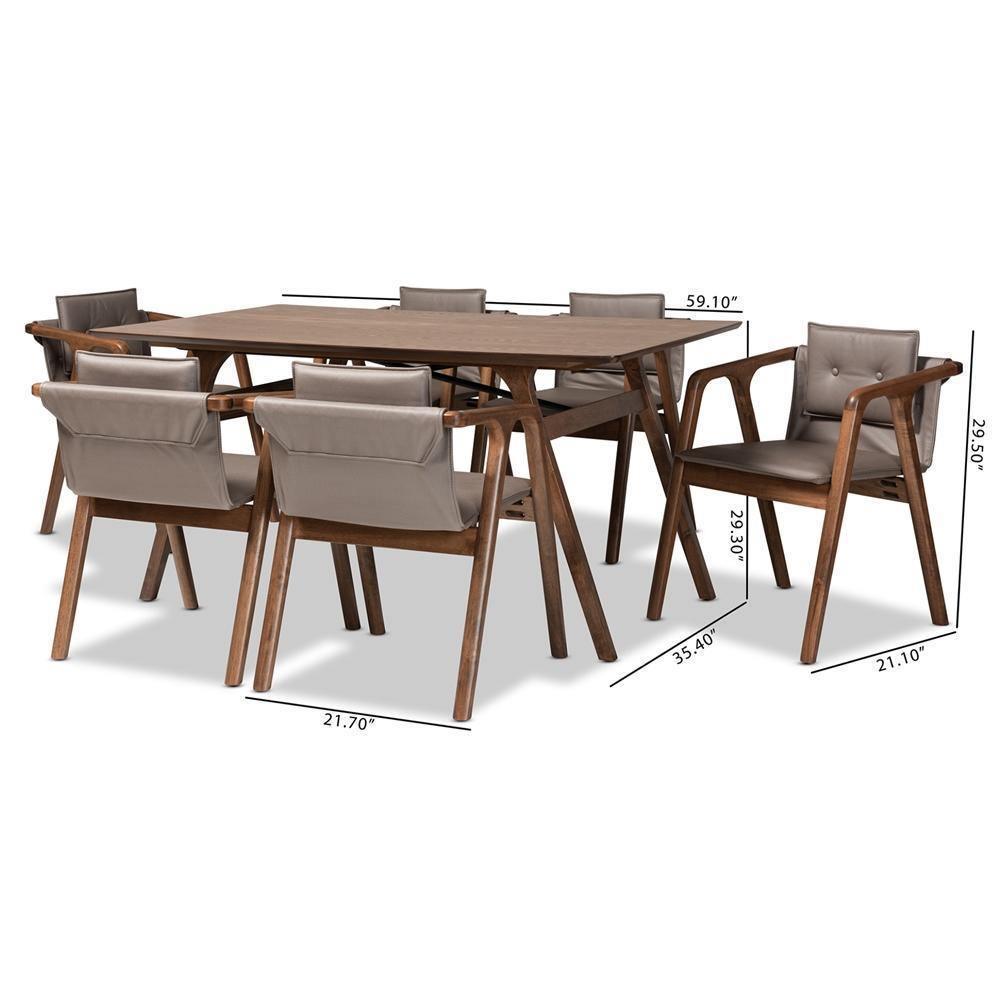 Marcena Mid-Century Modern Grey Imitation Leather Upholstered and Walnut Brown Finished Wood 7-Piece Dining Set FredCo
