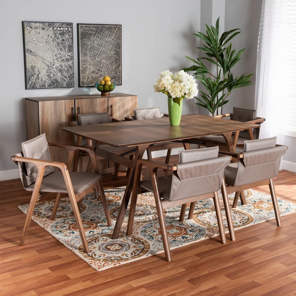 Marcena Mid-Century Modern Grey Imitation Leather Upholstered and Walnut Brown Finished Wood 7-Piece Dining Set FredCo