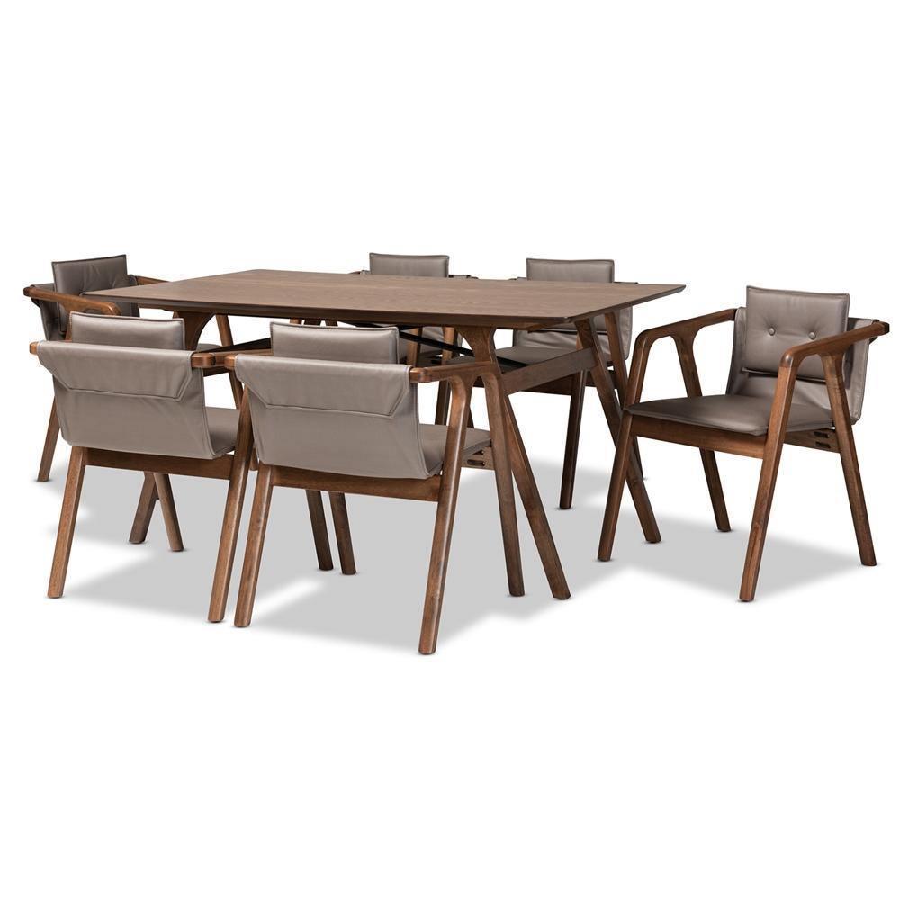Marcena Mid-Century Modern Grey Imitation Leather Upholstered and Walnut Brown Finished Wood 7-Piece Dining Set FredCo