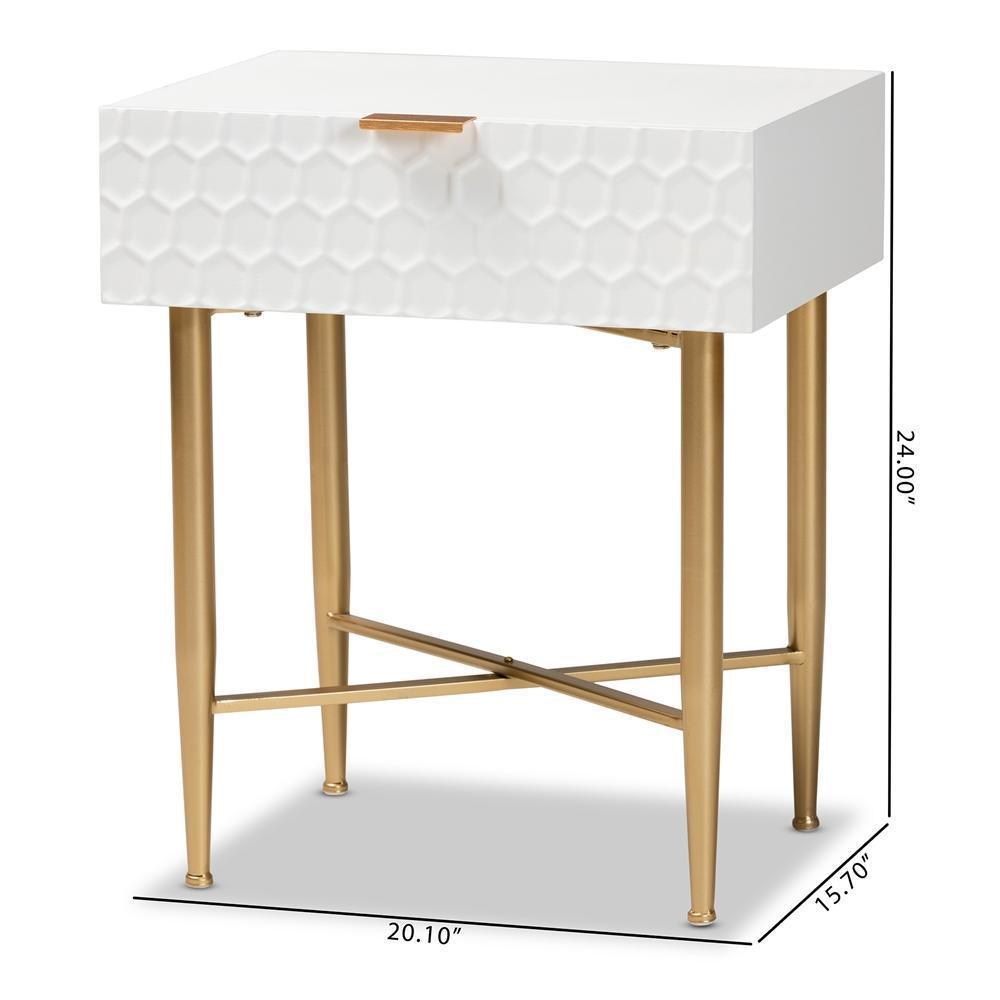 Marcin Contemporary Glam and Luxe White Finished Wood and Gold Metal 1-Drawer Nightstand FredCo