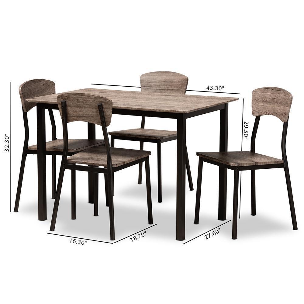 Marcus Modern Industrial Black Metal and Rustic Oak Brown Finished Wood 5-Piece Dining Set FredCo