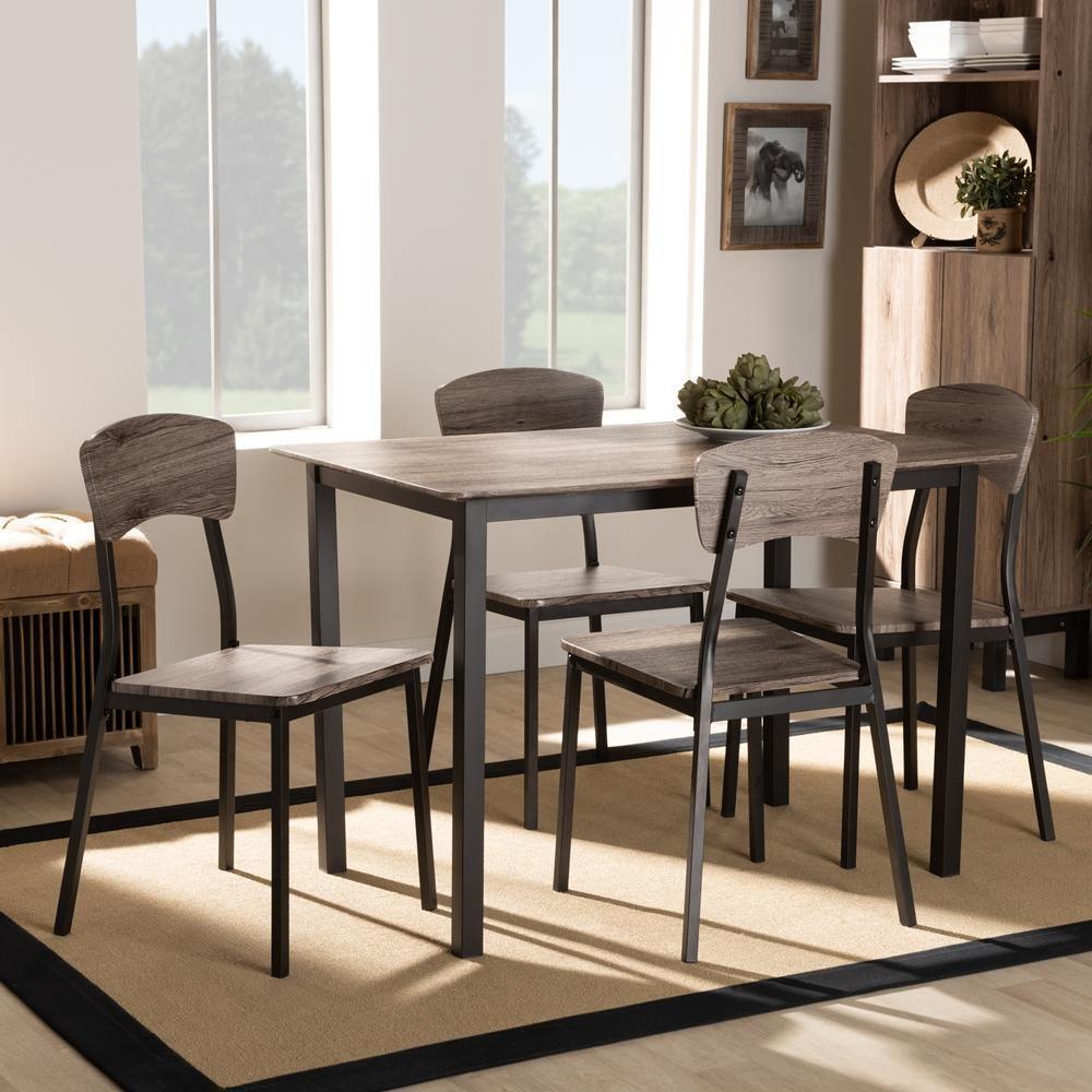 Marcus Modern Industrial Black Metal and Rustic Oak Brown Finished Wood 5-Piece Dining Set FredCo