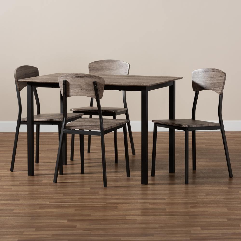 Marcus Modern Industrial Black Metal and Rustic Oak Brown Finished Wood 5-Piece Dining Set FredCo