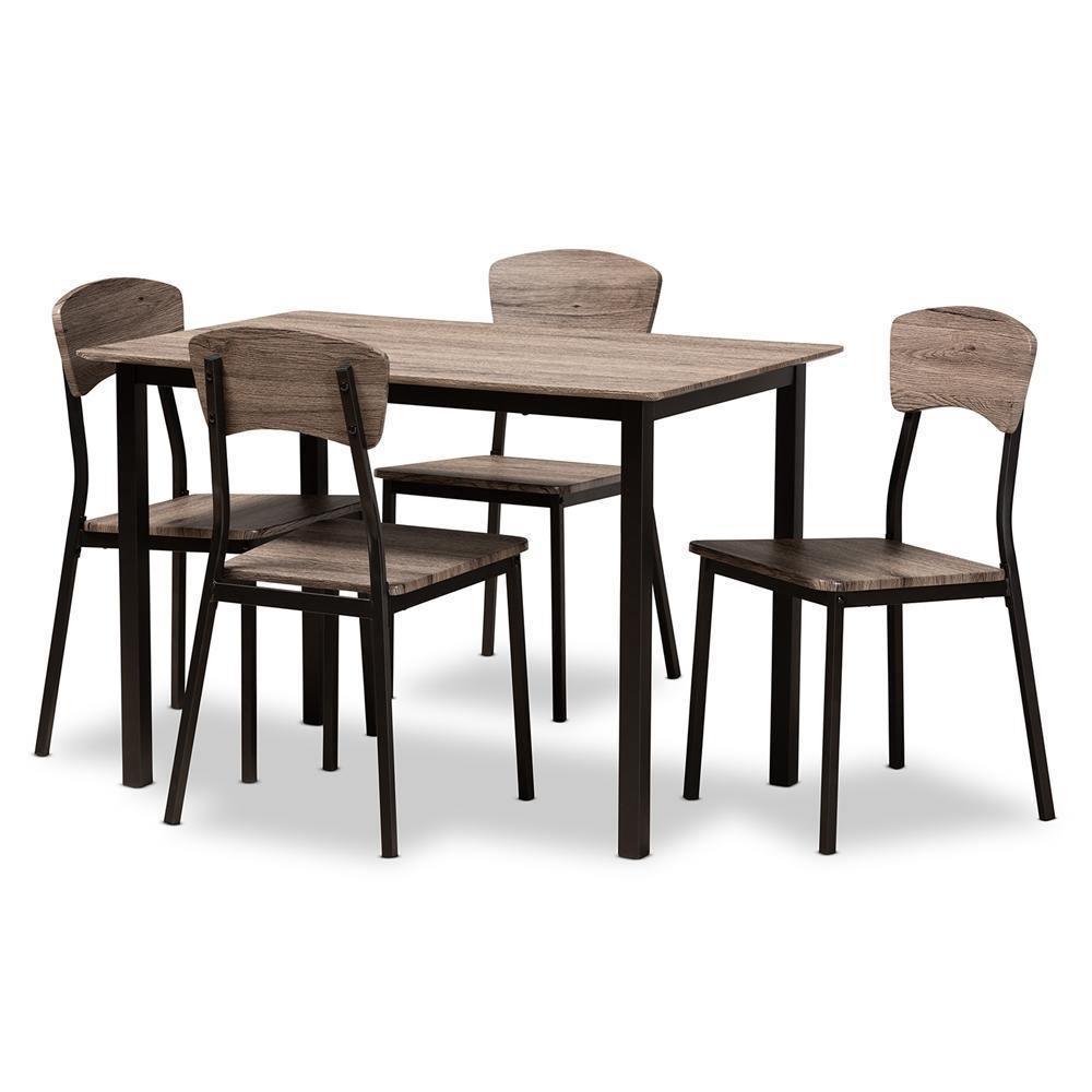 Marcus Modern Industrial Black Metal and Rustic Oak Brown Finished Wood 5-Piece Dining Set FredCo