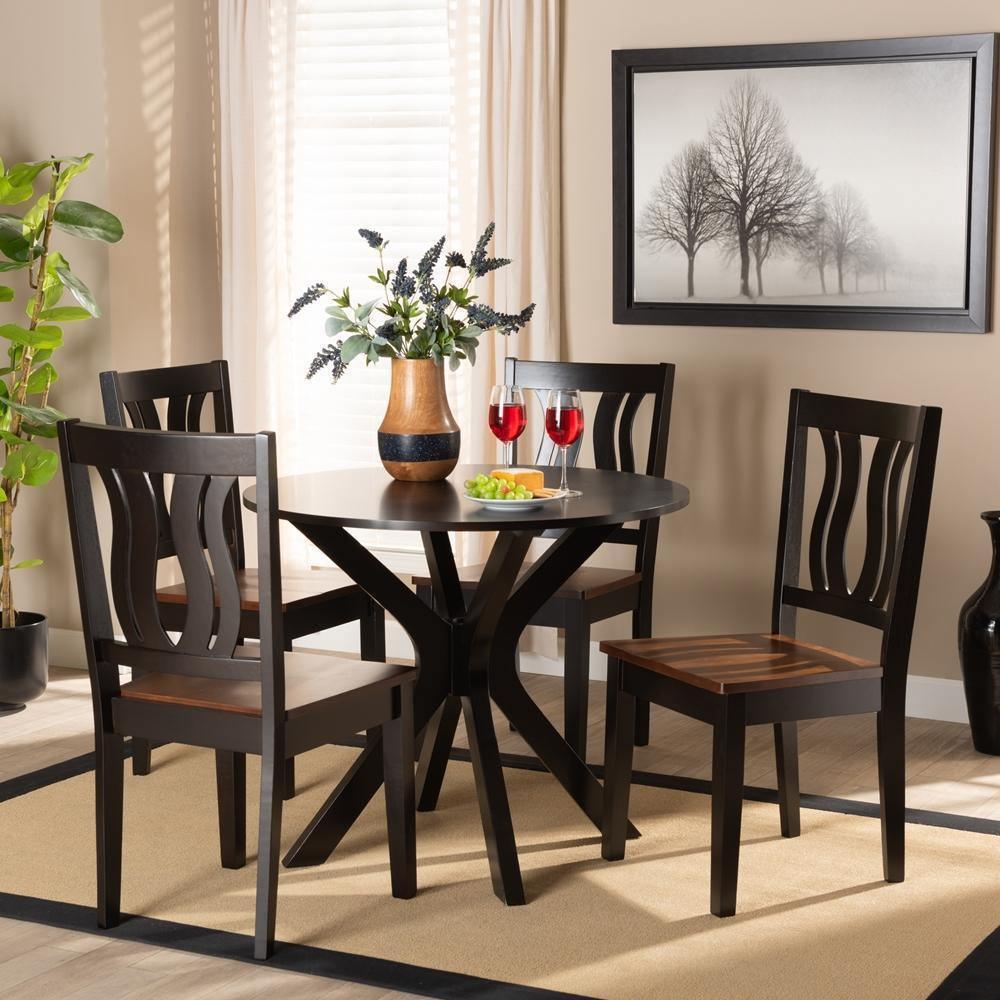 Mare Modern and Contemporary Transitional Two-Tone Dark Brown and Walnut Brown Finished Wood 5-Piece Dining Set FredCo