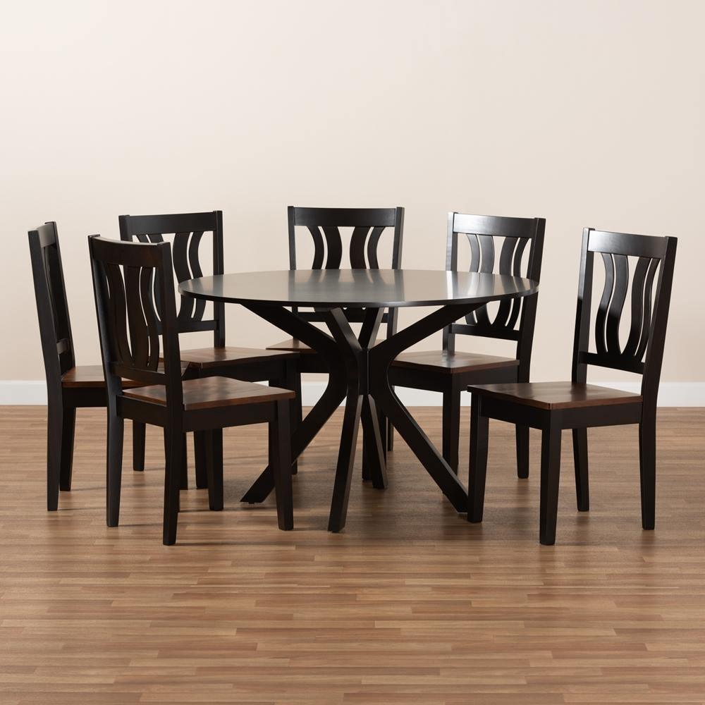 Mare Modern and Contemporary Transitional Two-Tone Dark Brown and Walnut Brown Finished Wood 7-Piece Dining Set FredCo