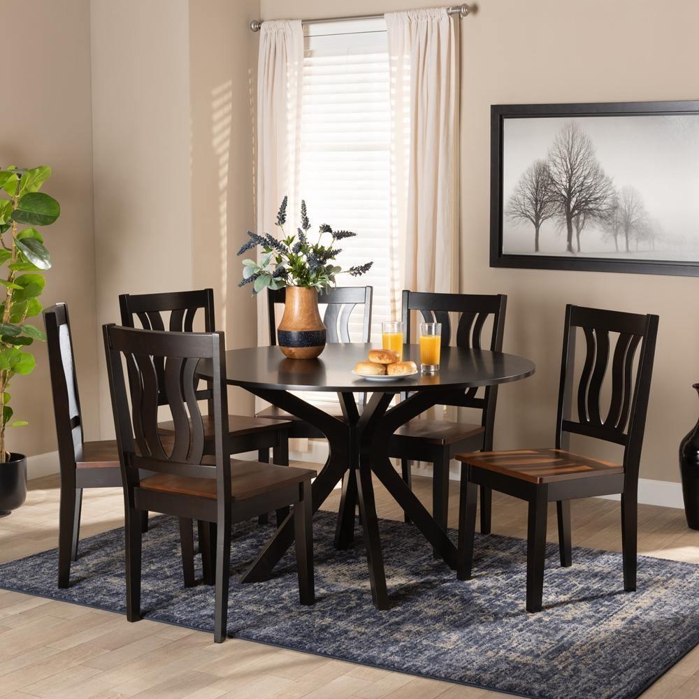 Mare Modern and Contemporary Transitional Two-Tone Dark Brown and Walnut Brown Finished Wood 7-Piece Dining Set FredCo