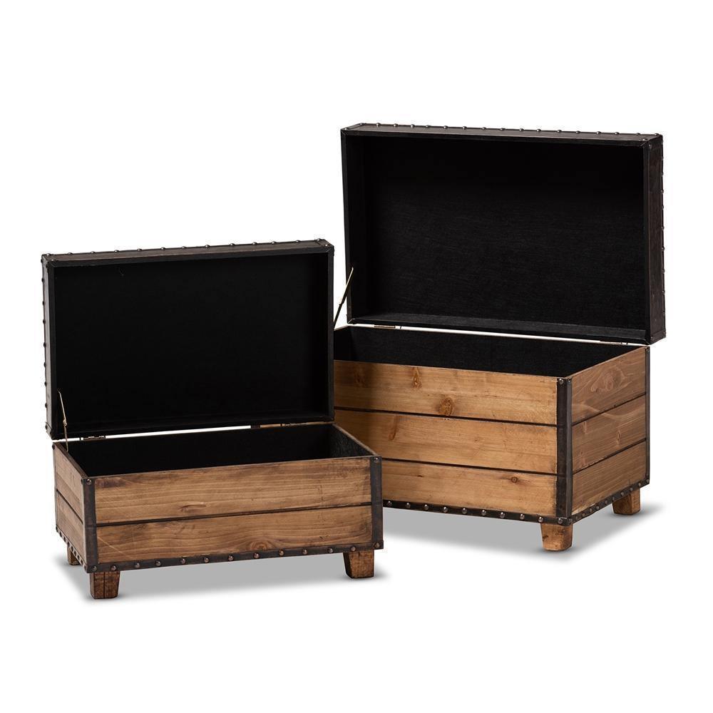 Marelli Rustic Dark Brown Faux Leather Upholstered 2-Piece Wood Storage Trunk Ottoman Set FredCo