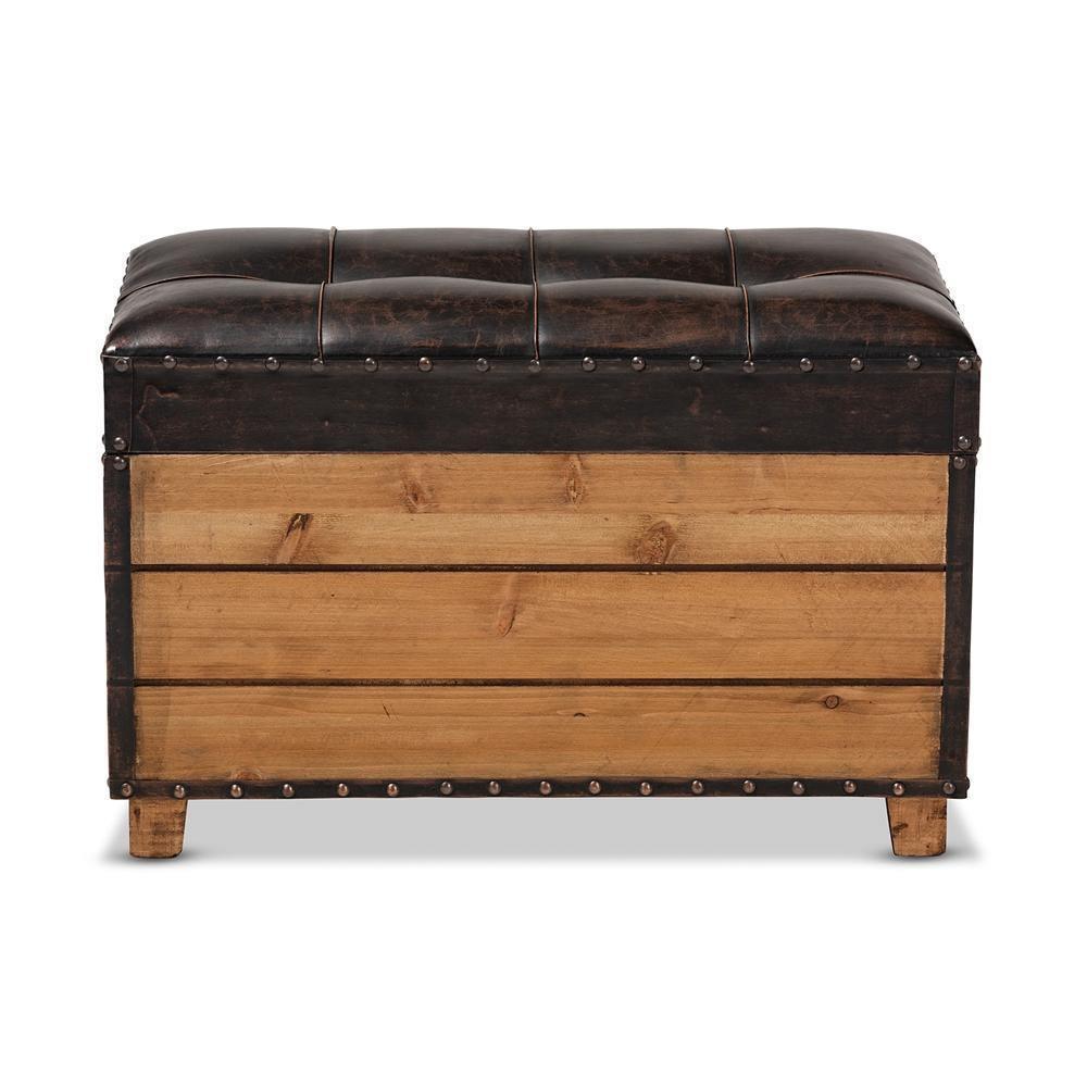 Marelli Rustic Dark Brown Faux Leather Upholstered 2-Piece Wood Storage Trunk Ottoman Set FredCo