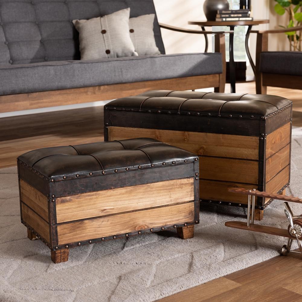Marelli Rustic Dark Brown Faux Leather Upholstered 2-Piece Wood Storage Trunk Ottoman Set FredCo