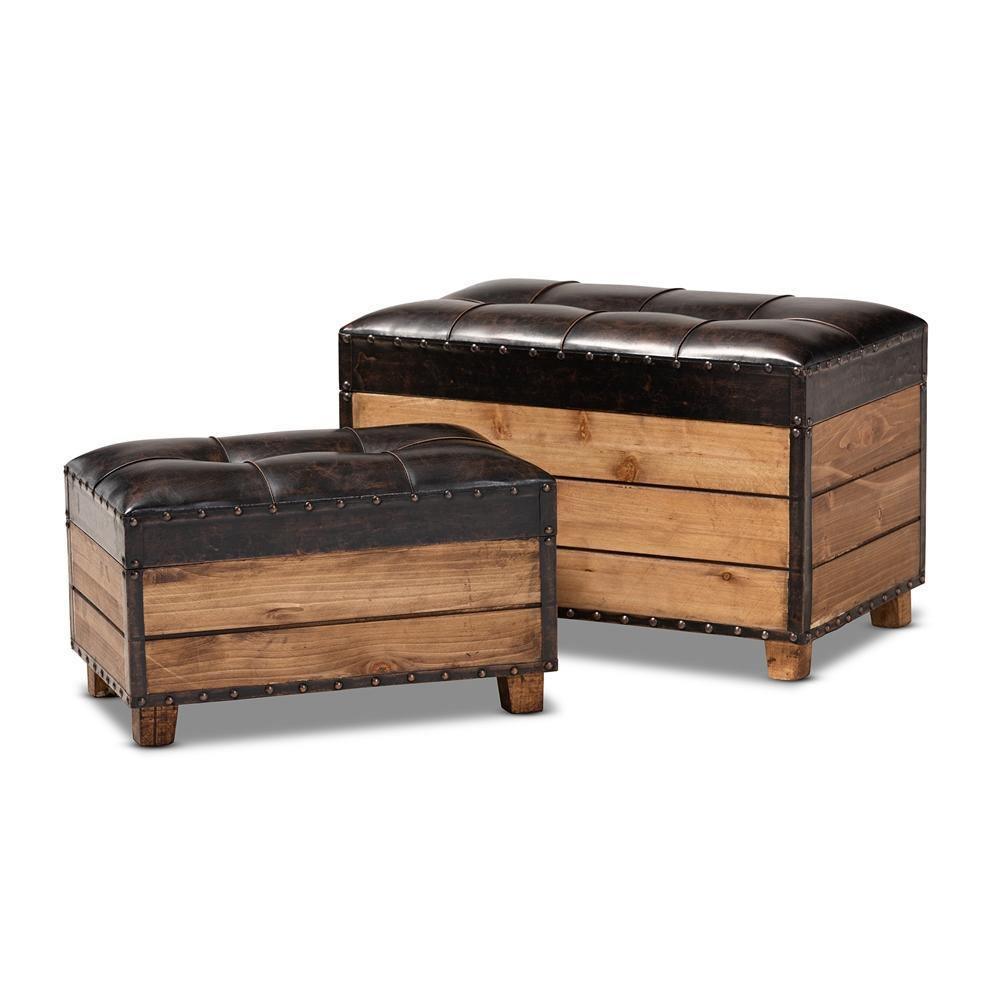 Marelli Rustic Dark Brown Faux Leather Upholstered 2-Piece Wood Storage Trunk Ottoman Set FredCo