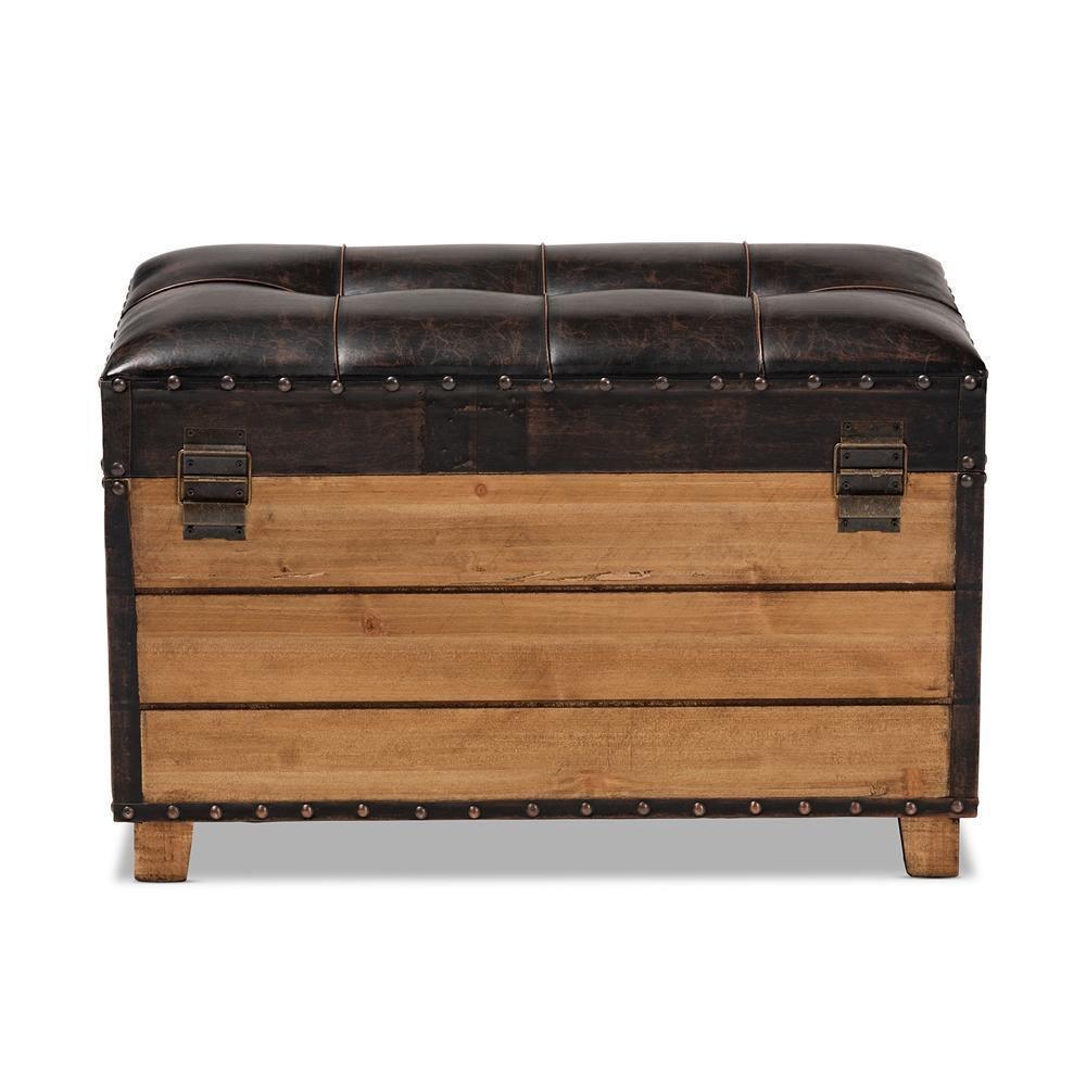 Marelli Rustic Dark Brown Faux Leather Upholstered 2-Piece Wood Storage Trunk Ottoman Set FredCo