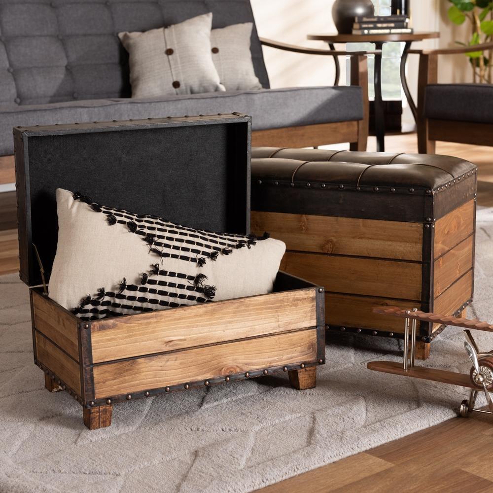 Marelli Rustic Dark Brown Faux Leather Upholstered 2-Piece Wood Storage Trunk Ottoman Set FredCo
