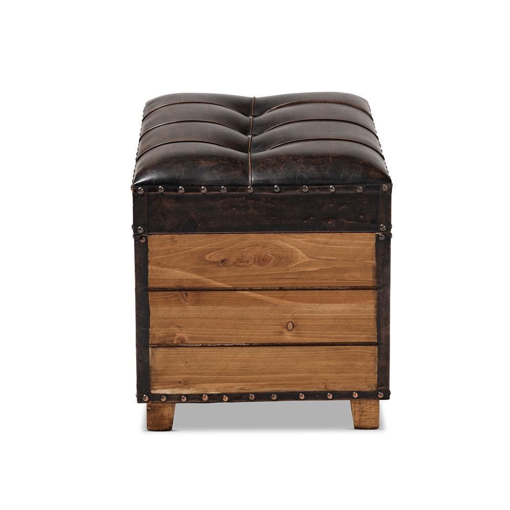 Marelli Rustic Dark Brown Faux Leather Upholstered 2-Piece Wood Storage Trunk Ottoman Set FredCo