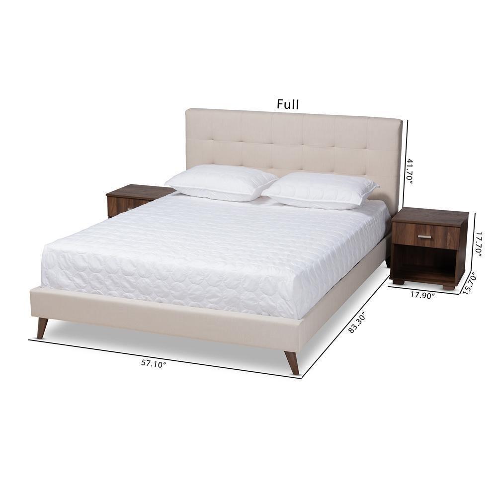 Maren Mid-Century Modern Beige Fabric Upholstered Full Size Platform Bed with Two Nightstands FredCo