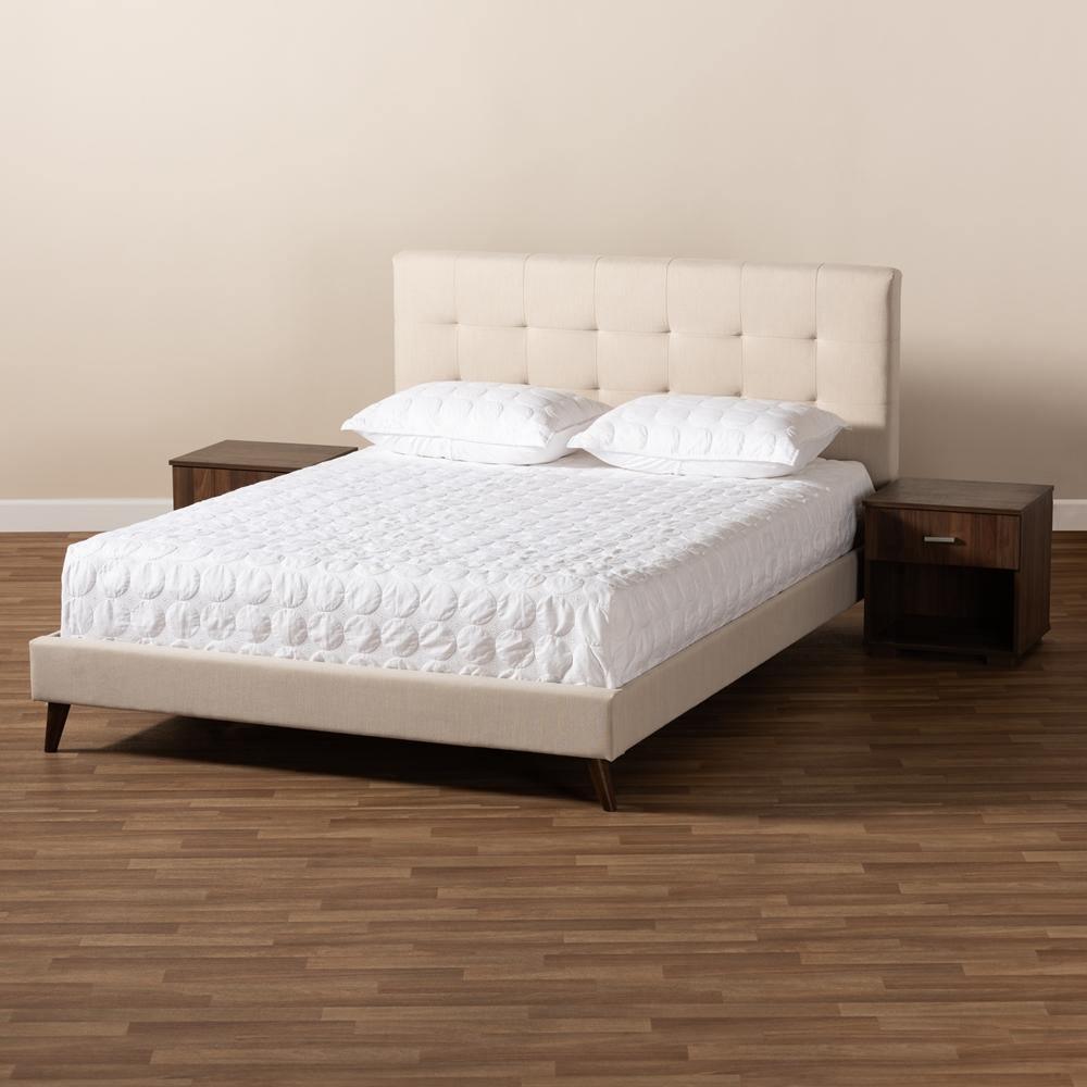 Maren Mid-Century Modern Beige Fabric Upholstered Full Size Platform Bed with Two Nightstands FredCo