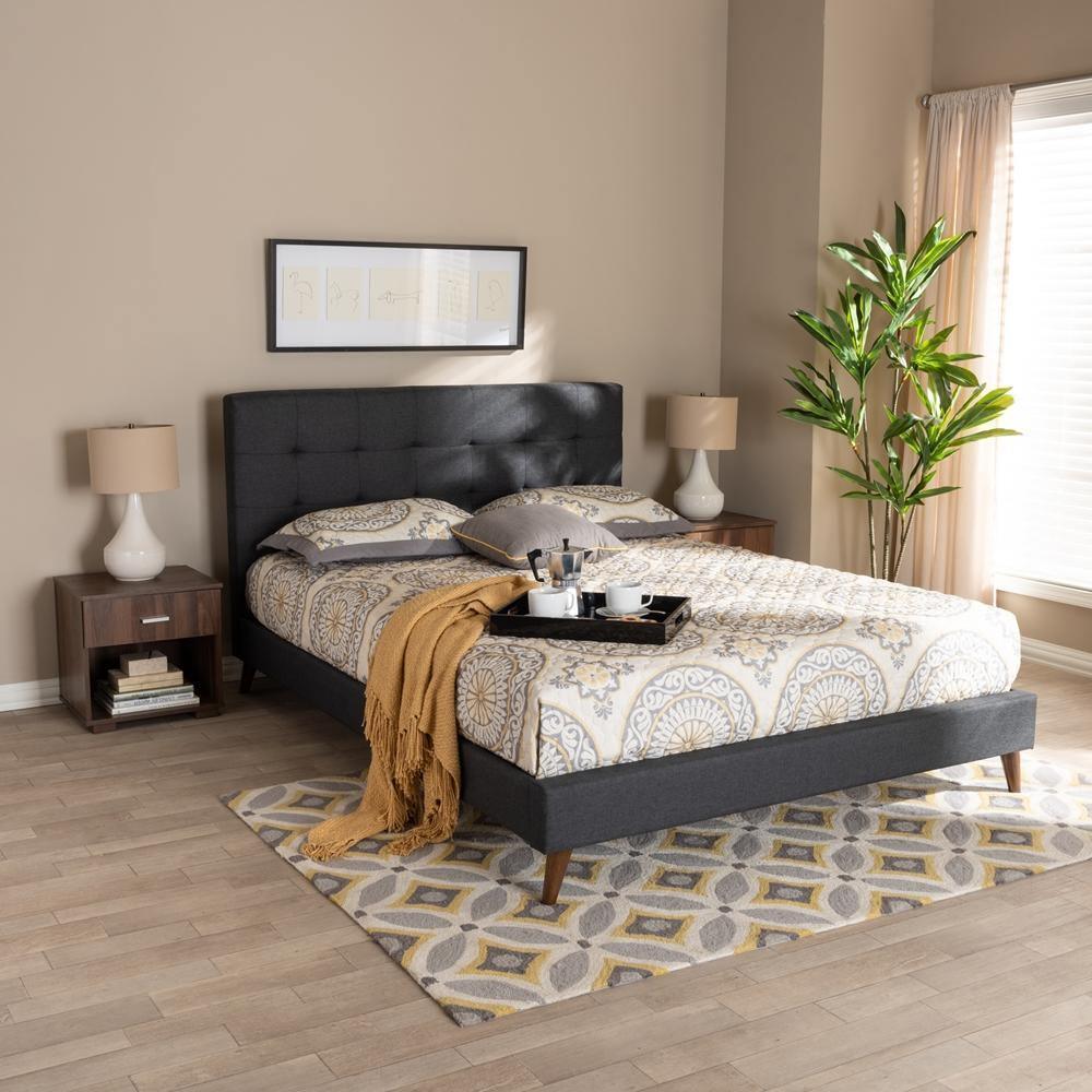 Maren Mid-Century Modern Dark Grey Fabric Upholstered Queen Size Platform Bed with Two Nightstands FredCo