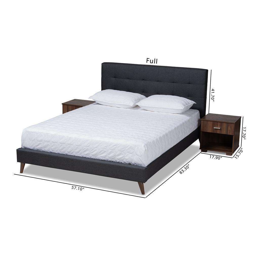 Maren Mid-Century Modern Dark Grey Fabric Upholstered Queen Size Platform Bed with Two Nightstands FredCo