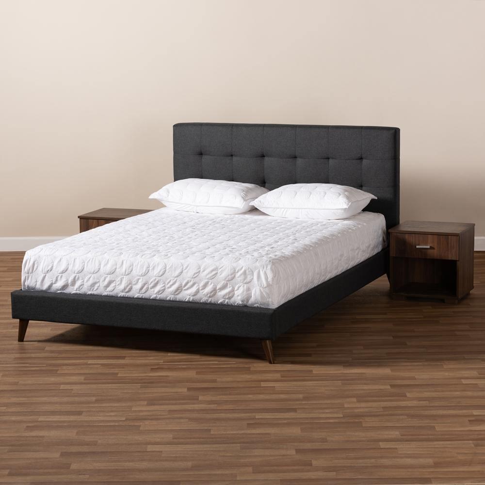 Maren Mid-Century Modern Dark Grey Fabric Upholstered Queen Size Platform Bed with Two Nightstands FredCo