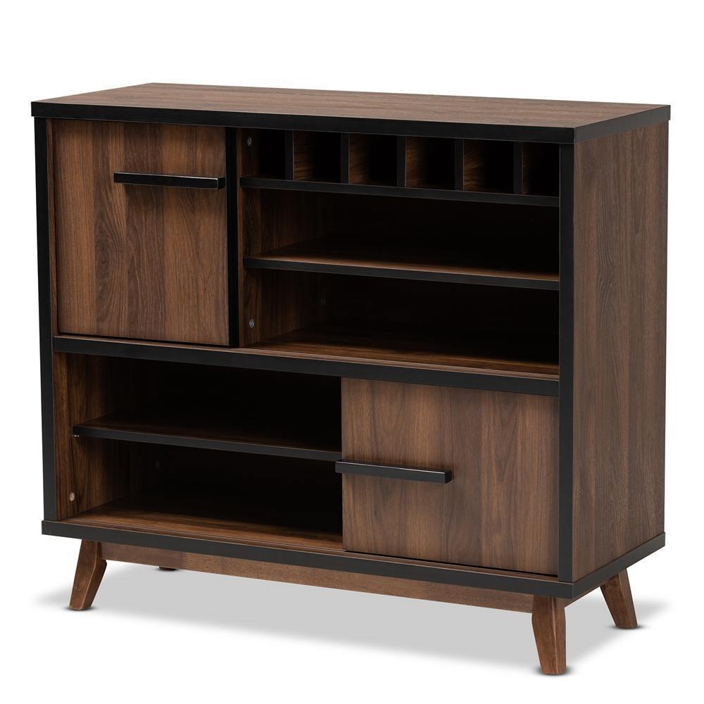 Margo Mid-Century Modern Two-Tone Walnut Brown and Black Finished Wood Wine Storage Cabinet FredCo