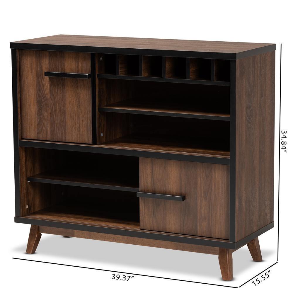 Margo Mid-Century Modern Two-Tone Walnut Brown and Black Finished Wood Wine Storage Cabinet FredCo