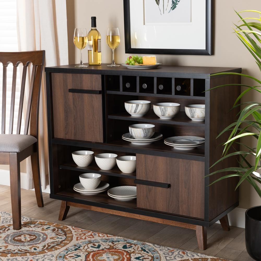Margo Mid-Century Modern Two-Tone Walnut Brown and Black Finished Wood Wine Storage Cabinet FredCo