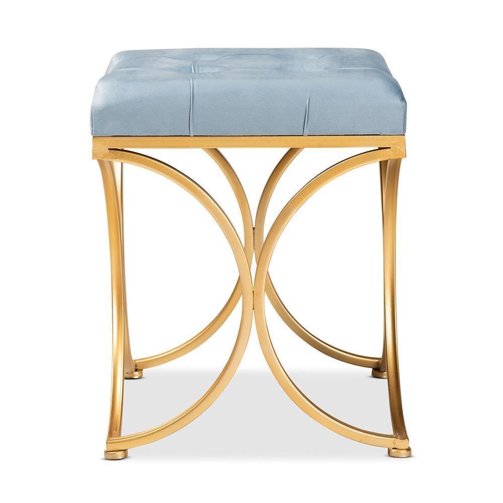 Margot Art Deco Inspired Light Blue Velvet Fabric Upholstered Gold Finished Metal Ottoman FredCo
