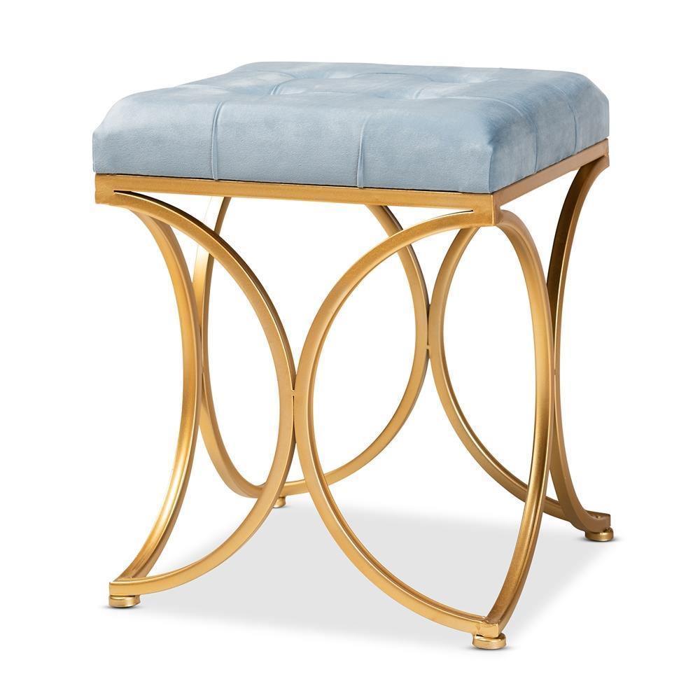 Margot Art Deco Inspired Light Blue Velvet Fabric Upholstered Gold Finished Metal Ottoman FredCo