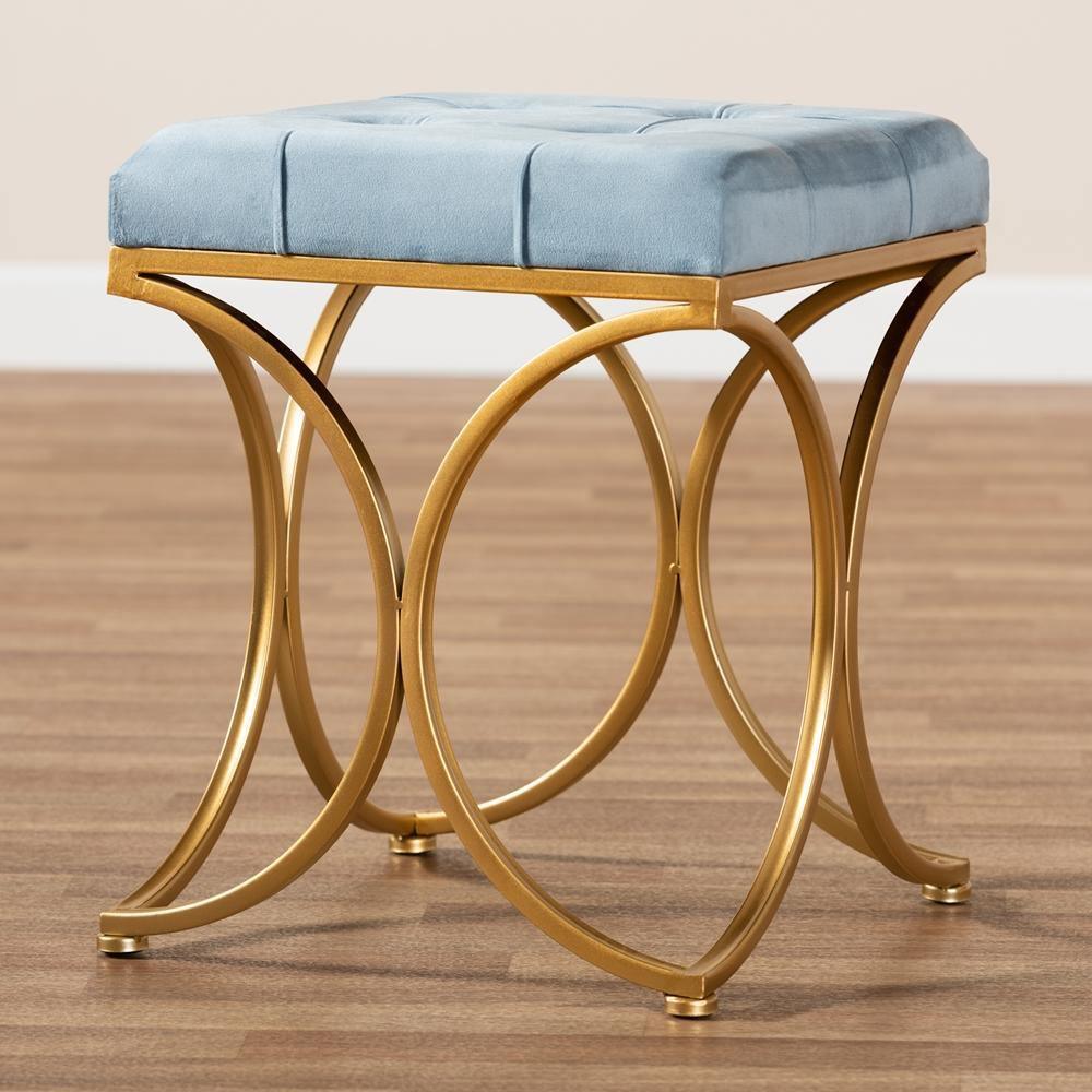Margot Art Deco Inspired Light Blue Velvet Fabric Upholstered Gold Finished Metal Ottoman FredCo