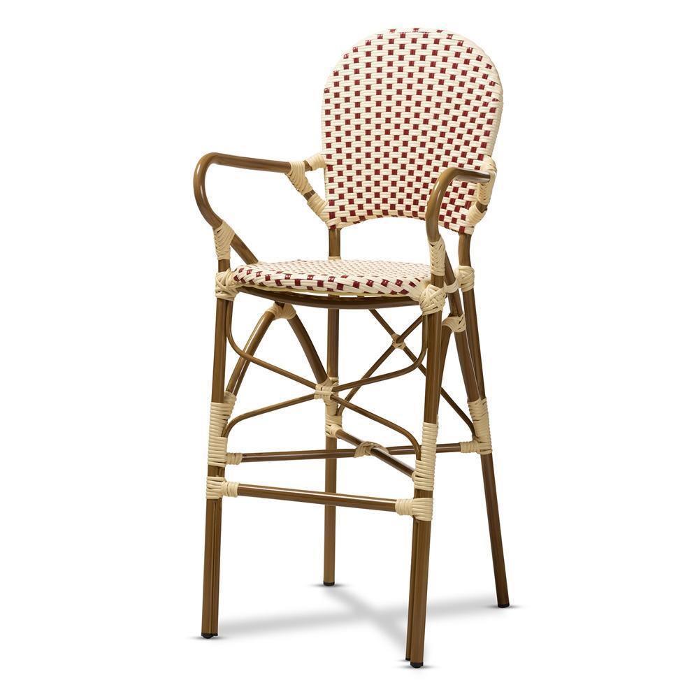 Marguerite Classic French Indoor and Outdoor Beige and Red Bamboo Style Stackable Bistro Bar Stool FredCo