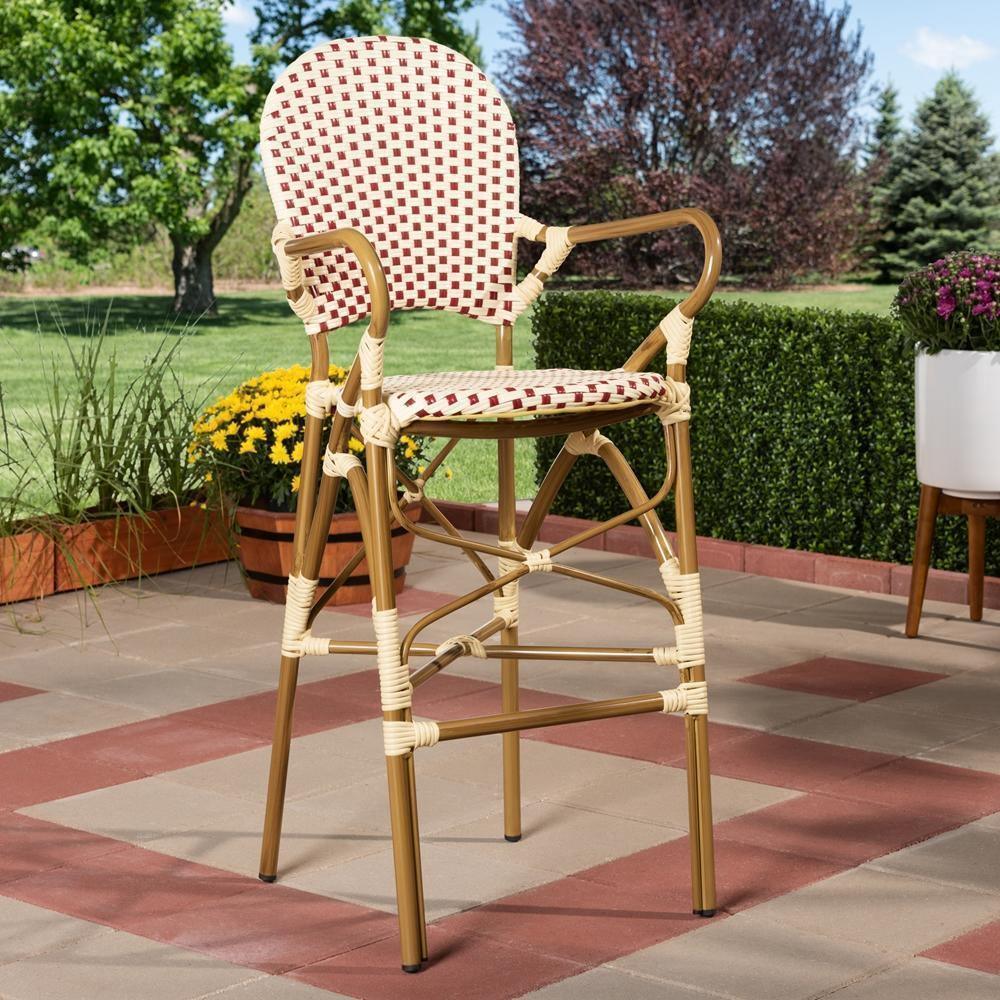 Marguerite Classic French Indoor and Outdoor Beige and Red Bamboo Style Stackable Bistro Bar Stool FredCo
