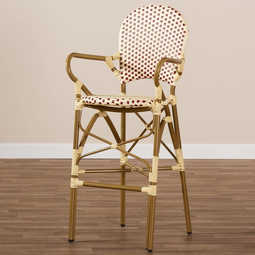 Marguerite Classic French Indoor and Outdoor Beige and Red Bamboo Style Stackable Bistro Bar Stool FredCo