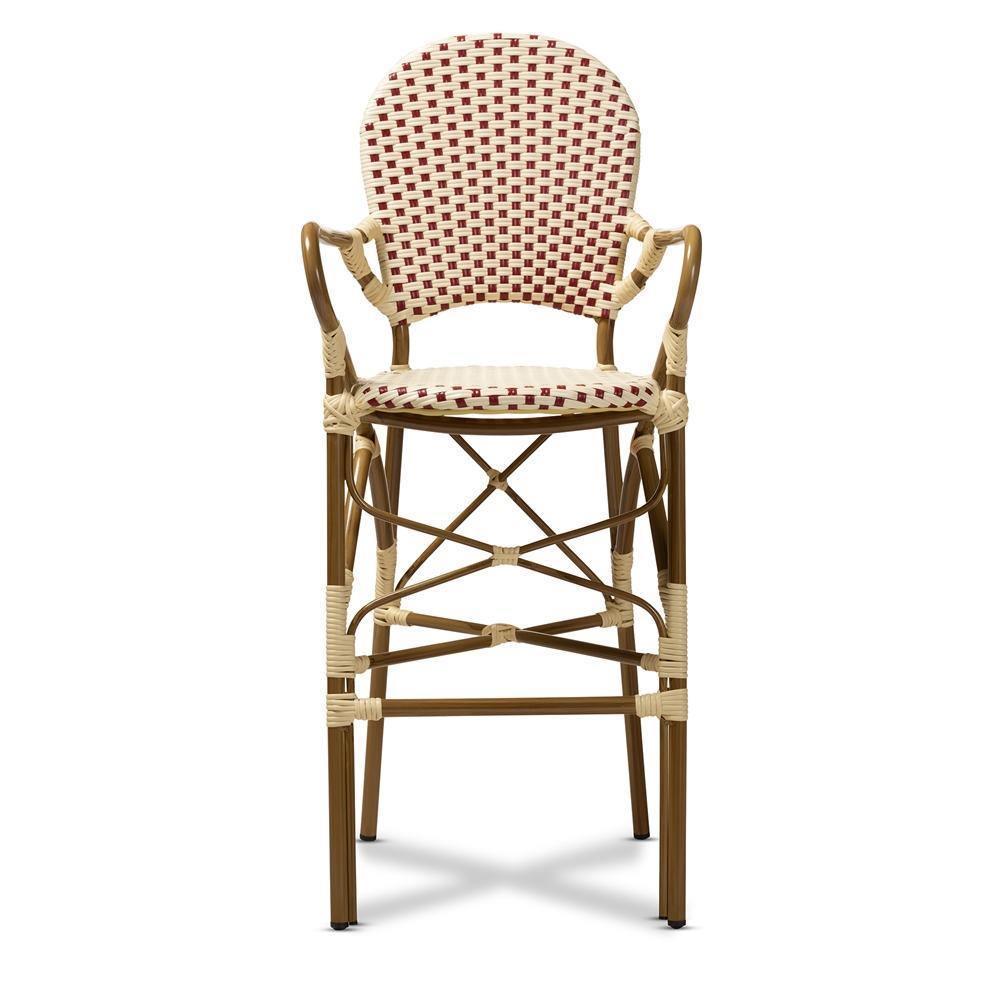Marguerite Classic French Indoor and Outdoor Beige and Red Bamboo Style Stackable Bistro Bar Stool FredCo