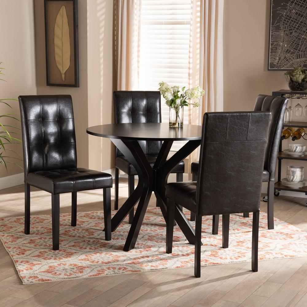 Marie Modern and Contemporary Dark Brown Faux Leather Upholstered and Dark brown Finished Wood 5-Piece Dining Set FredCo