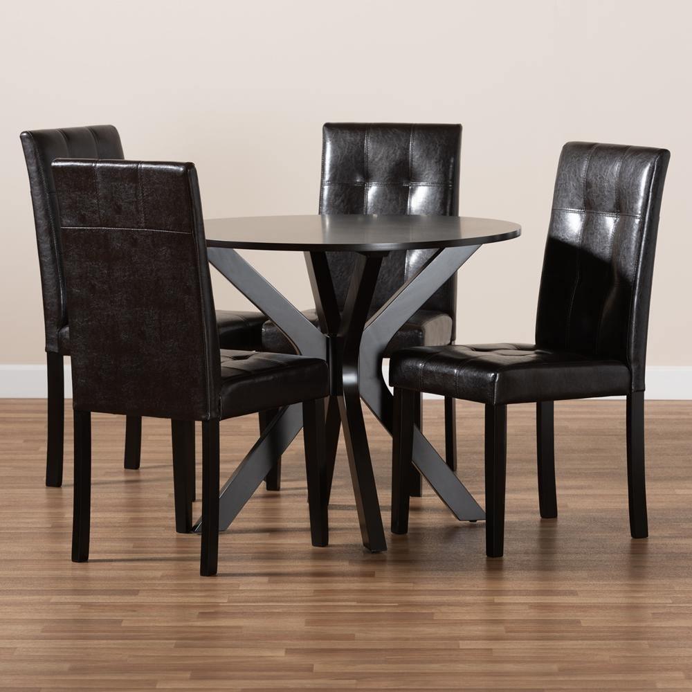 Marie Modern and Contemporary Dark Brown Faux Leather Upholstered and Dark brown Finished Wood 5-Piece Dining Set FredCo