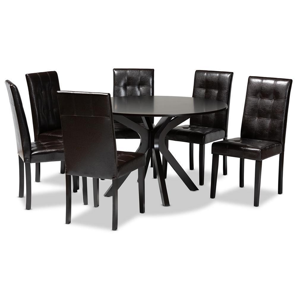 Marie Modern and Contemporary Dark Brown Faux Leather Upholstered and Dark brown Finished Wood 7-Piece Dining Set FredCo