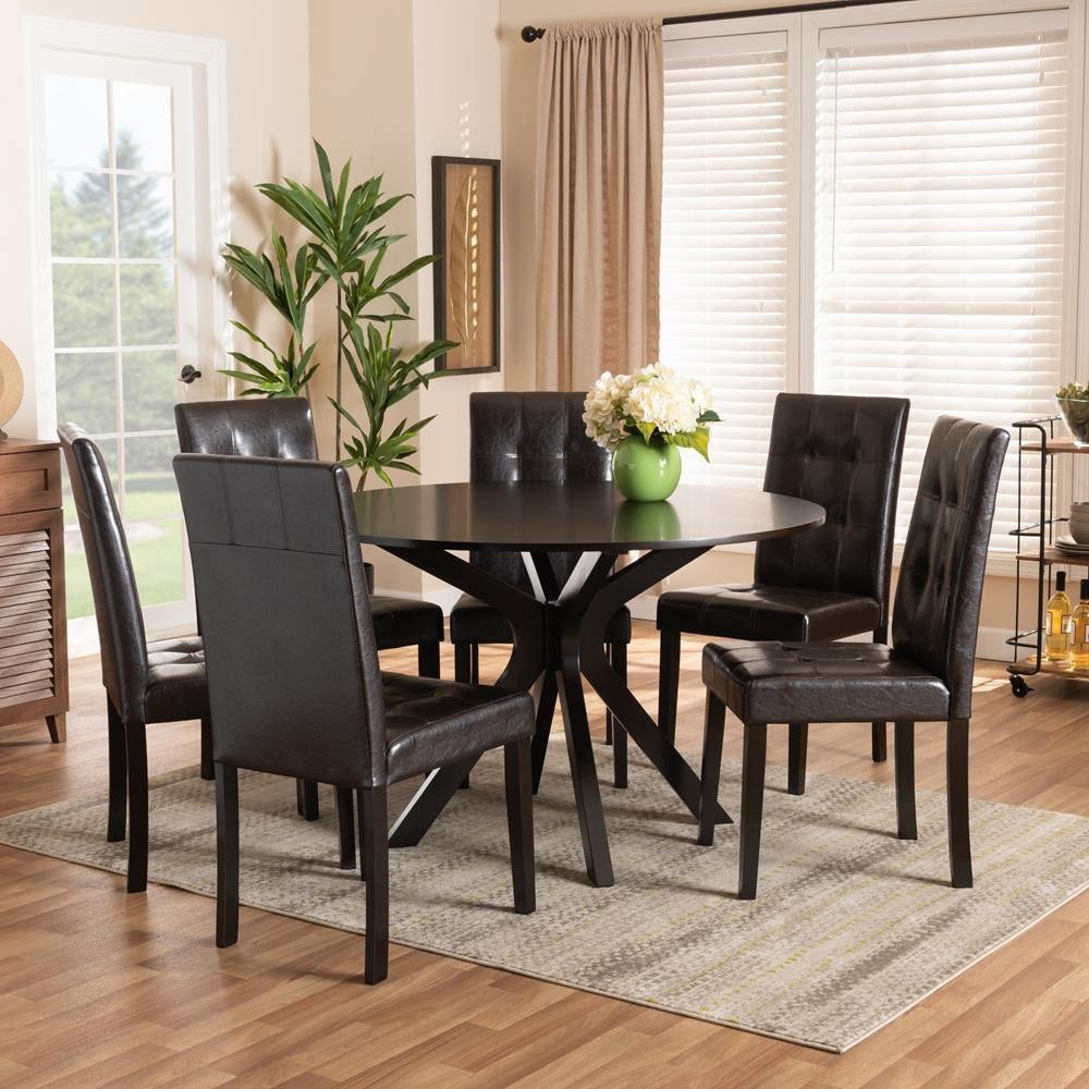 Marie Modern and Contemporary Dark Brown Faux Leather Upholstered and Dark brown Finished Wood 7-Piece Dining Set FredCo